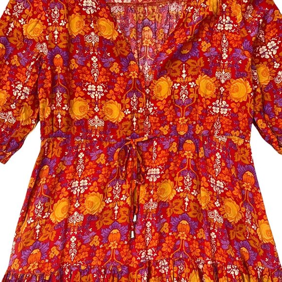 Abel the Label Cottagecore Floral Tiered‎ Midi Dress S Red Fall Prairie Peasant - Picture 8 of 16